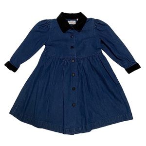 Vintage Just Friends Denim Dress Long Sleeve Velvet Collar & Cuff Dress